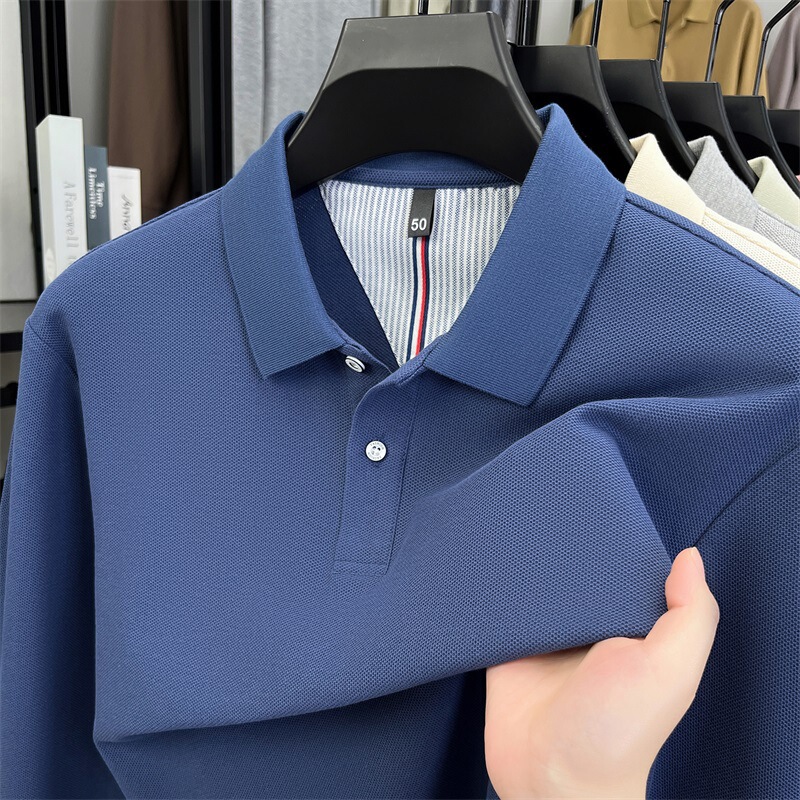 Spring and Autum Men's Long-Sleeved Lapel Pure Cotton Polo Shirt Casual Men's Tops Pure Color Pique 100 Cotton T-Shirt for Men