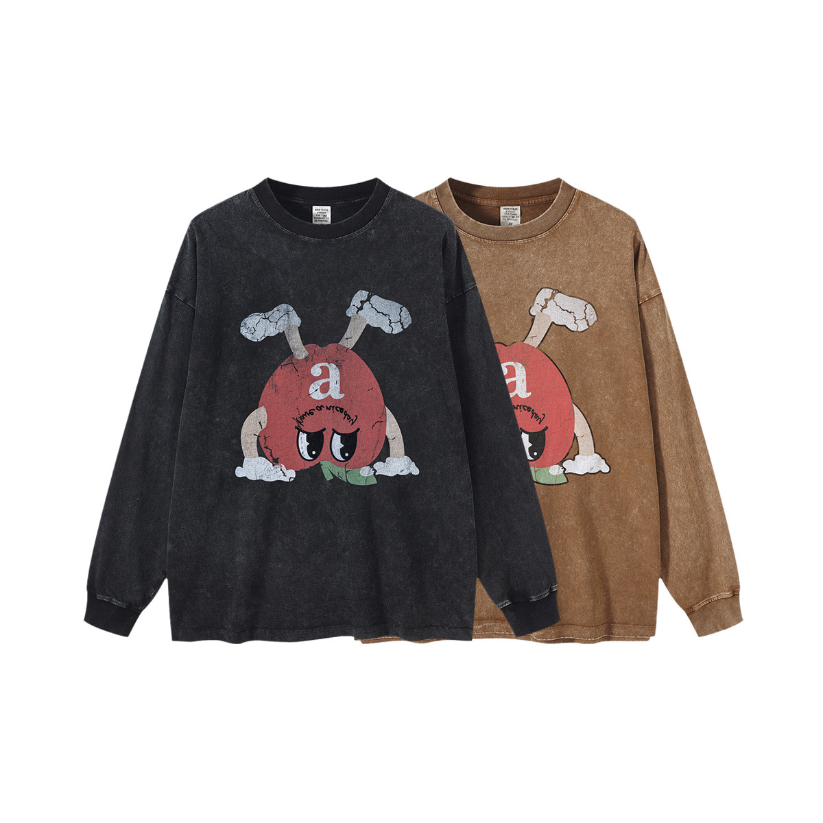 BE ropa de hombre | Camiseta Retro de Manga Larga para Hombre, Estilo Americano, Lavada, Estampada, con Diseño de Frijol M Invertido, de Algodón Puro, Desgastada, Primavera-Otoño 2025
