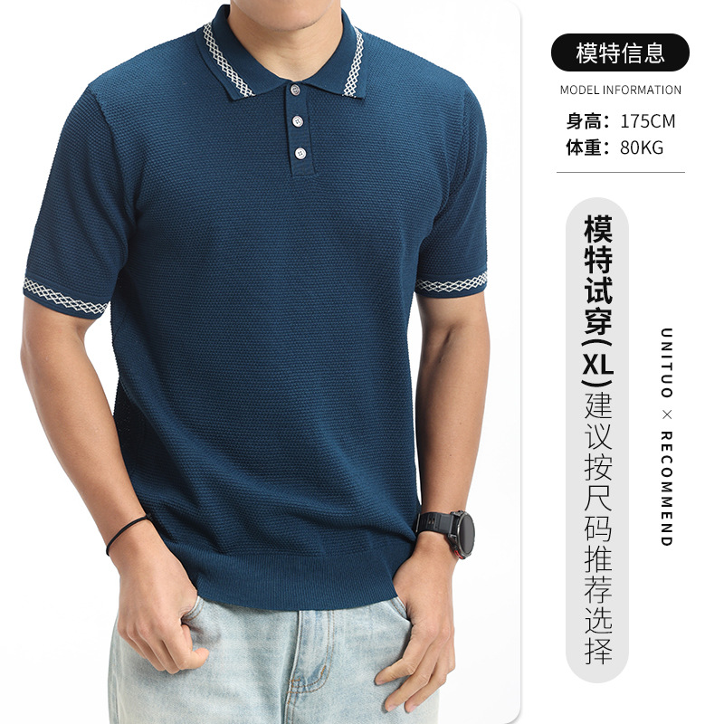 Hombres nuevo patrón de piña hielo jersey polo de punto de manga corta botón de solapa hombre sensación de alto grado de ropa casual de hombre verano