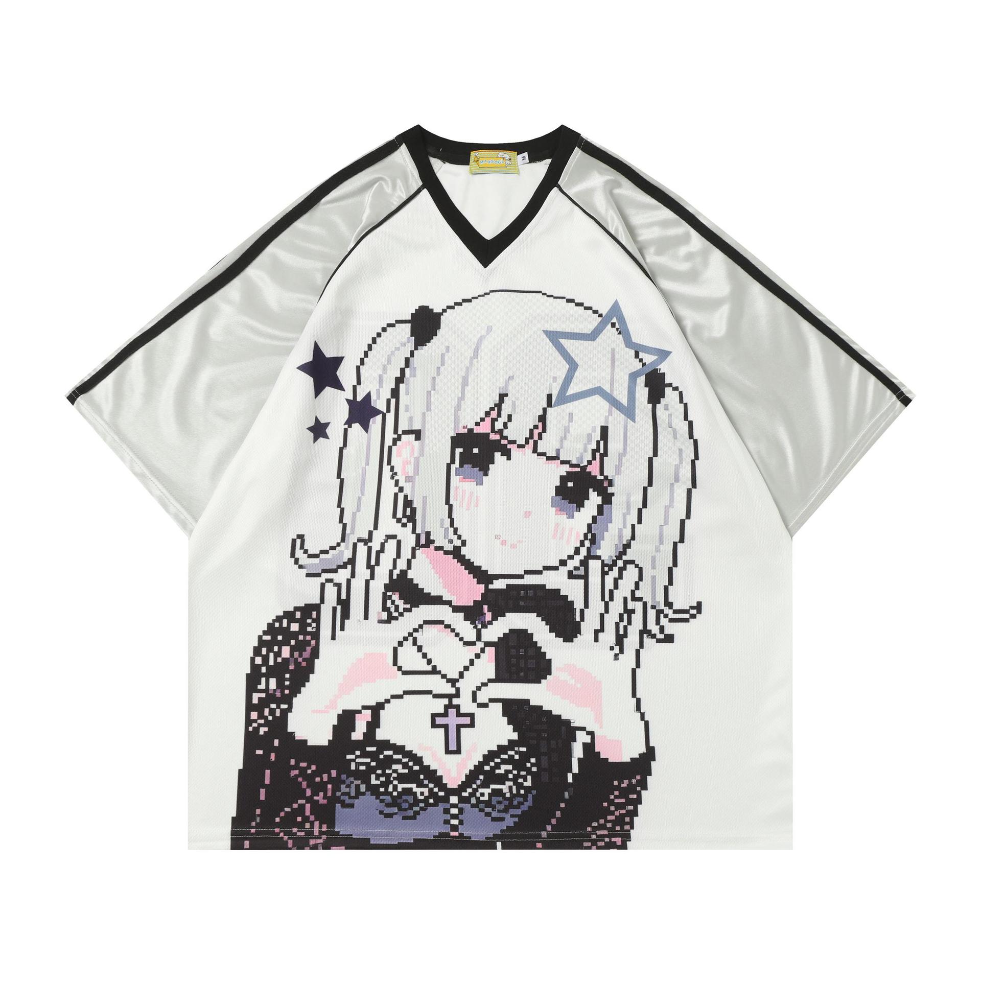Japanese High Street Anime Pixel Cute Girl Short Sleeve T-Shirt Unisex Trendy Brand Sports Style Niche Couple Half Sleeve Top