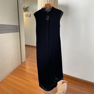 氣質典雅立領盤扣中式旗袍改良式蠶絲真絲絲絨無袖連衣裙夏季長裙