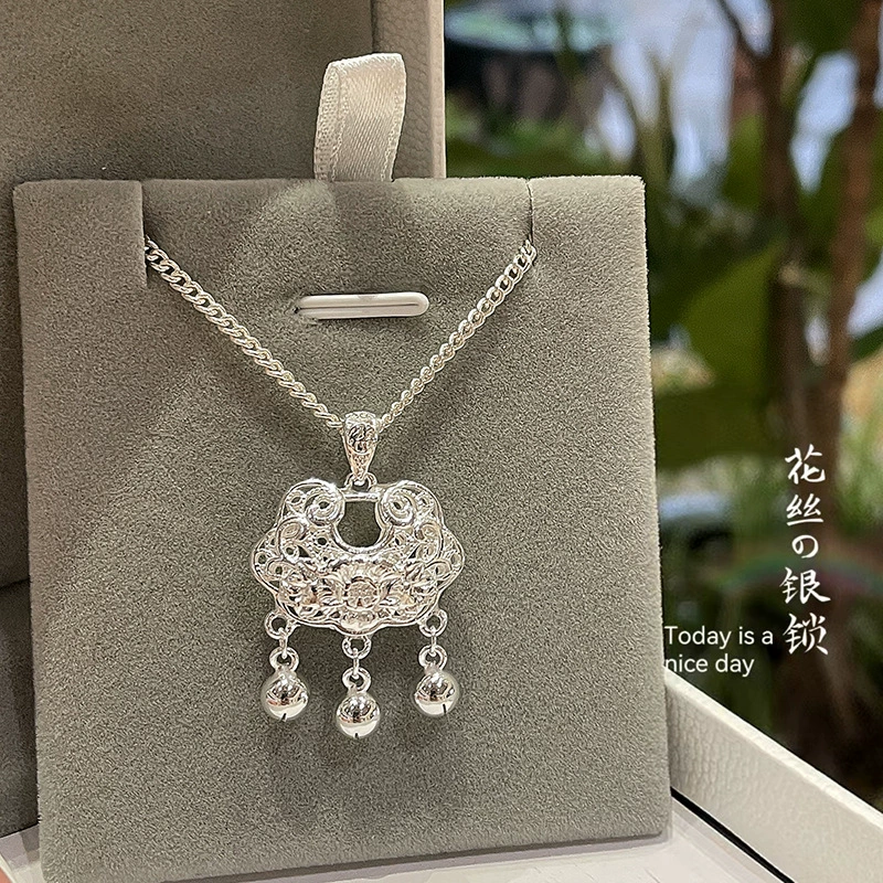 Children's pendant, necklace, gift box, thin weaving, silver 999 sample, longevity lock, silver lock