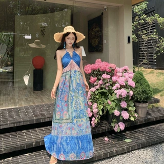 古着复古民族风印花拼色抹胸挂脖吊带度假连衣裙图色针织面料扎染