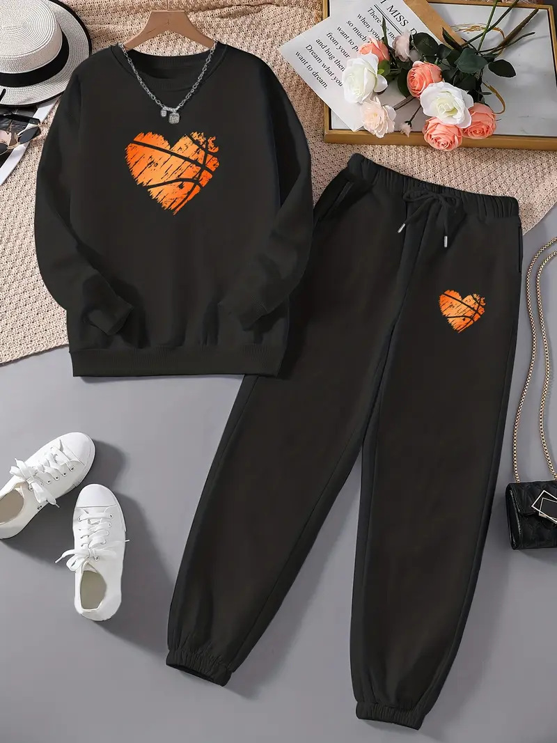 Women's Long Sleeved Heart Patterned Pant Set Casual Style_voghion.com