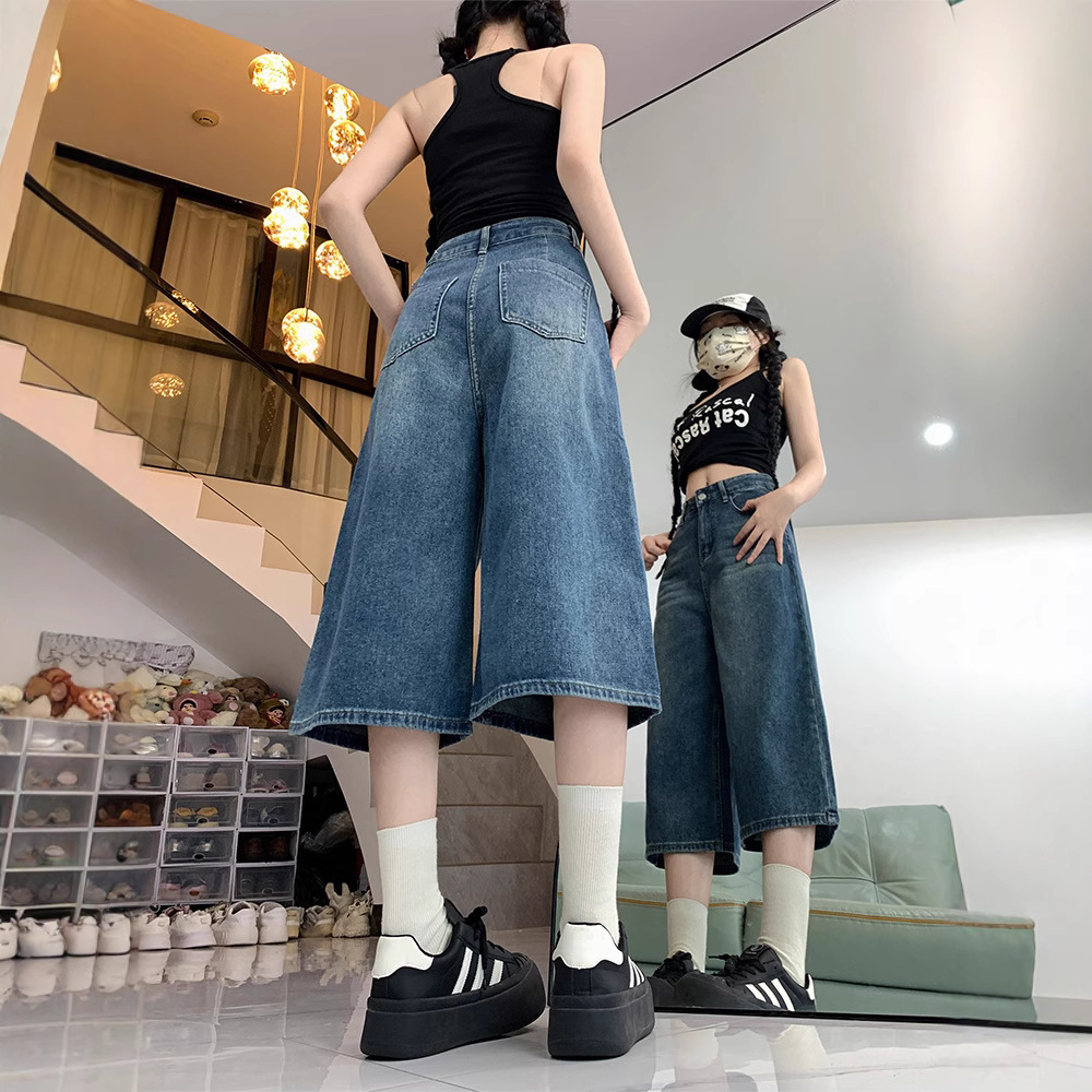 High-Waisted Wide-Leg Cropped Denim Shorts for Women 2025 Summer Thin Loose Versatile Slimming Petite Straight Mid-Length Shorts