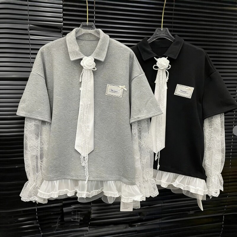 2026 New Style Fake Two-Piece Collared Shirt for Women with Lace Splicing Design, Niche Loose-Fitting Short Shirt 2026 New Style Fake Two-Piece Collared Shirt for Women with Lace Splicing Design, Niche Loose-Fitting Short Shirt