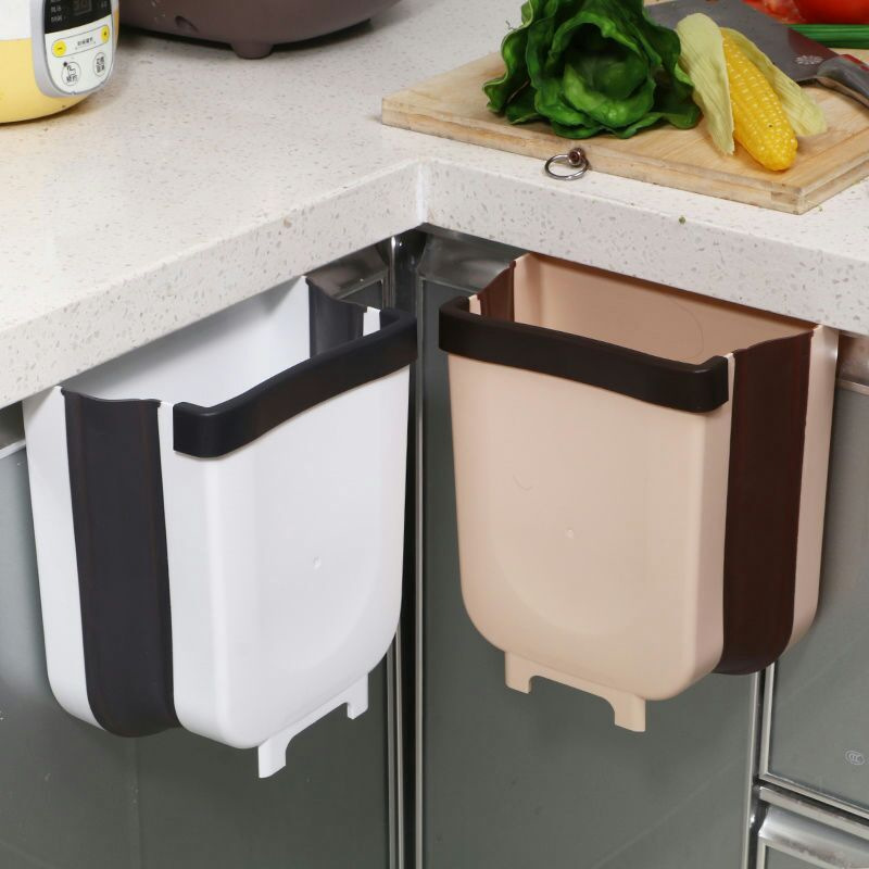 Kitchen Punch-free Trash Bin Cabinet Door Wall-mounted Household Trash Basket Foldable Bathroom Toilet Storage Bucket