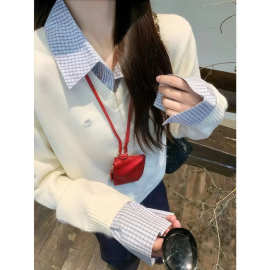 韩系秋冬氛围感穿搭学院风假两件格子拼接毛衣女慵懒风针织衫上衣