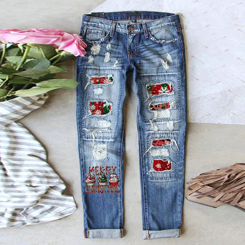 New Winter Christmas Printed Hole Pants 2022 Women's Clothing European and American Cross-border Amazon Explosions Women's Denim