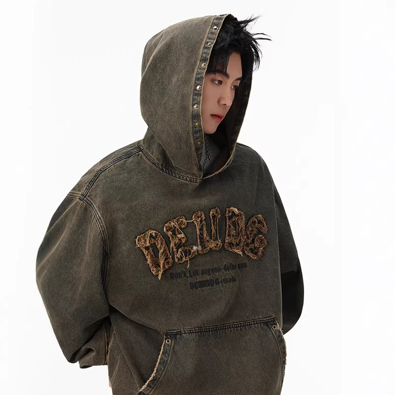 美式大码设计感磨破重工铆钉牛仔外套春秋季刺绣宽松休闲连帽卫衣