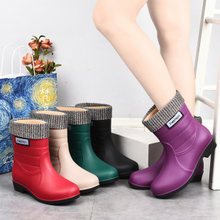 Mid-tube cotton warm rain boots ladies rain boots waterproof thick-soled spring and autumn rubber shoes non-slip adult rain boots factory direct sales