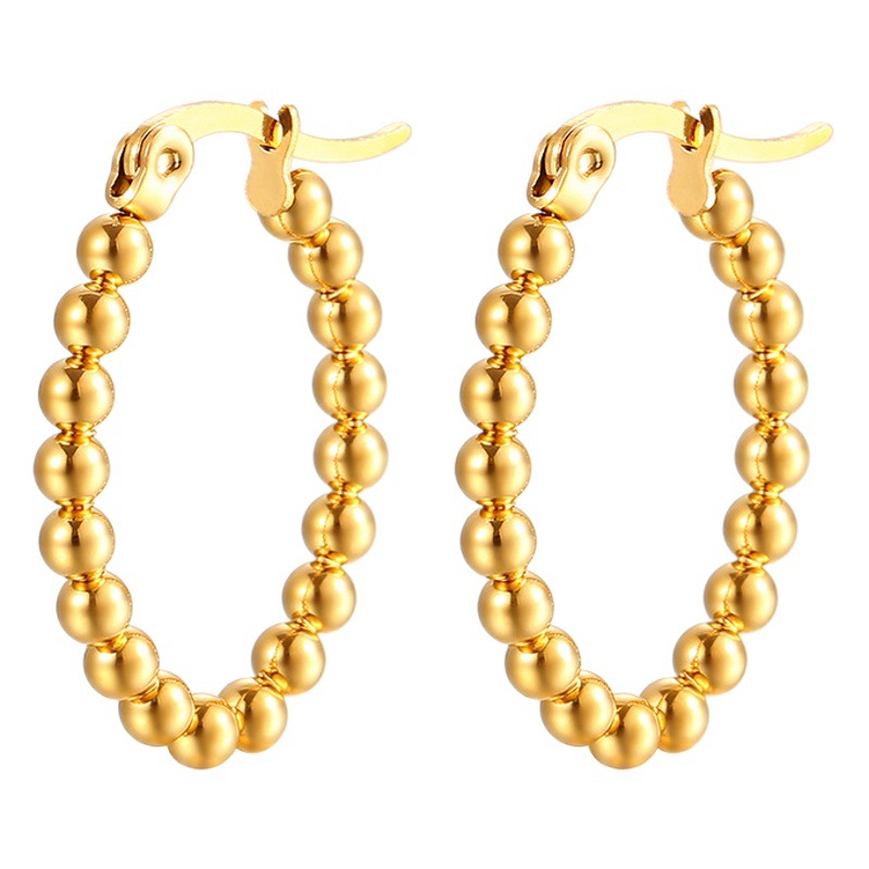 Simple nicho personalidad moda viajero retro bola de acero costura diseño elegante todo partido titanio acero chapado en oro pendientes ovales