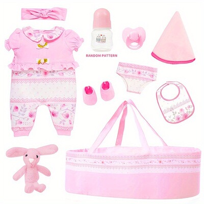 2026新款跨境代发11件带摇篮的儿娃娃服粉色娃娃