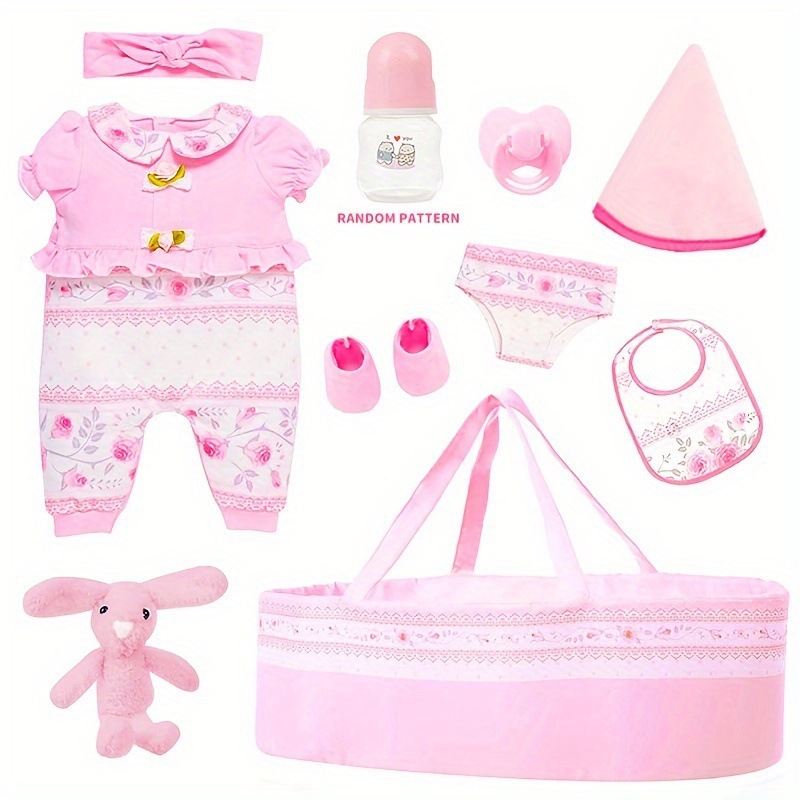 2026新款跨境代发11件带摇篮的儿娃娃服粉色娃娃