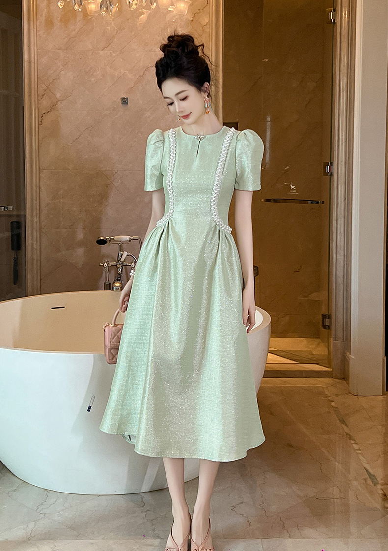 Đầm maxi nữ cổ tròn đính đá thắt eo xòe dáng dài — Xanh bạc hà chi tiết 10