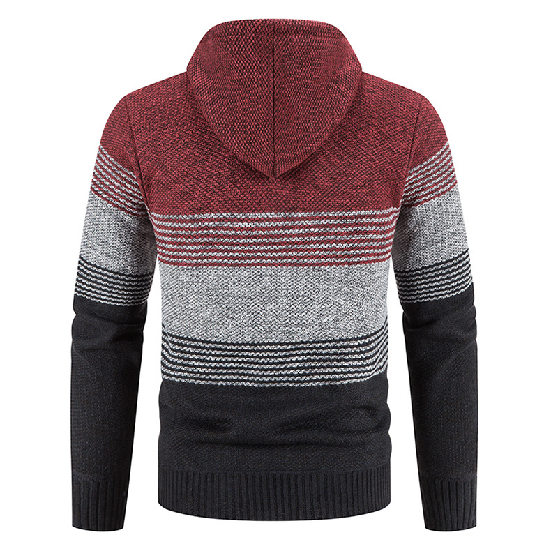 2024 Höst/Vinter Ny Kofta Trendig Färgblockerad Stickad Tröja Med Huva Stor Avslappnad Herrkappa_voghion.com