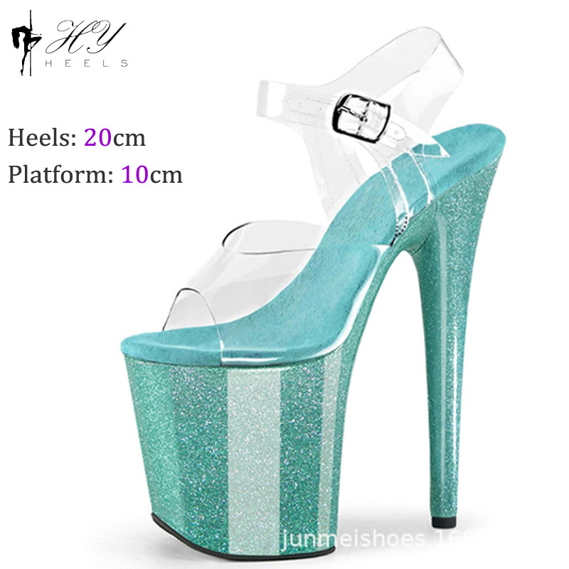 Sandal cao gót catwalk mặt gương ngọc trai pha lê gót nhọn 20 cm — Màu xanh lục, Màu đen, Màu vàng, Màu hồng