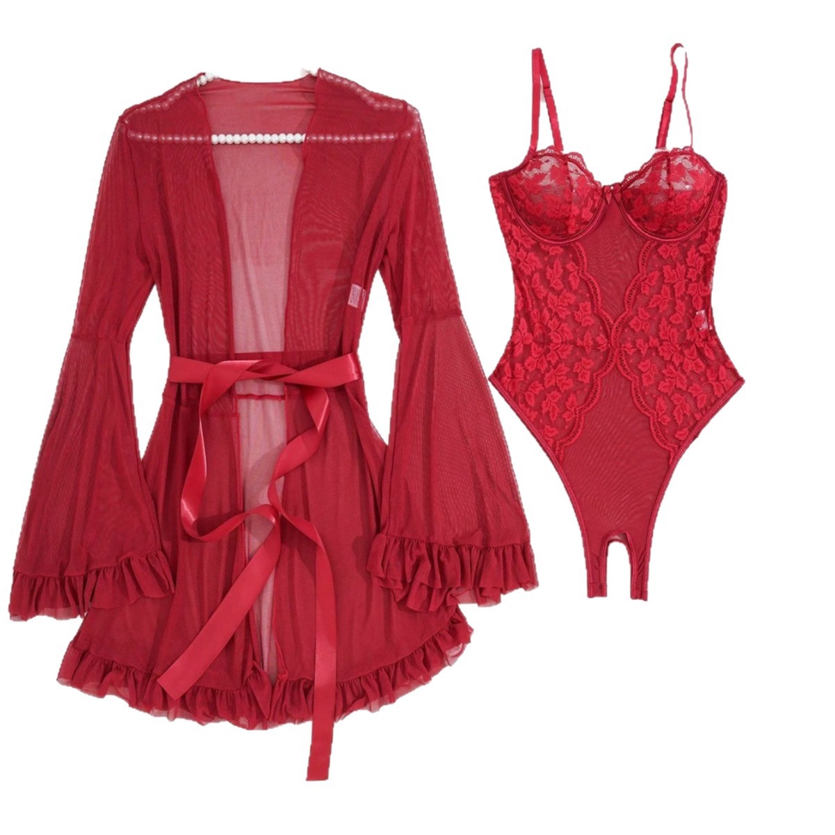 Sexy mesh lingerieset voor dames, dunne nachtkleding in Amerikaanse stijl met kerstthema, gemaakt van polyester en katoen, XXL, geschikt voor alle seizoenen._voghion.com
