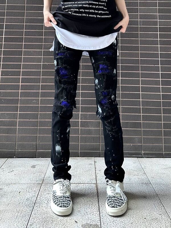 Amiri Hand-painted Splash-ink Jeans Washed Distressed Ripped Pants High Street Popular Slim High Elastic Blue Diamond Bottom Plate Amiri Hand-painted Splash-ink Jeans Washed Distressed Ripped Pants High Street Popular Slim High Elastic Blue Diamond Bottom Plate