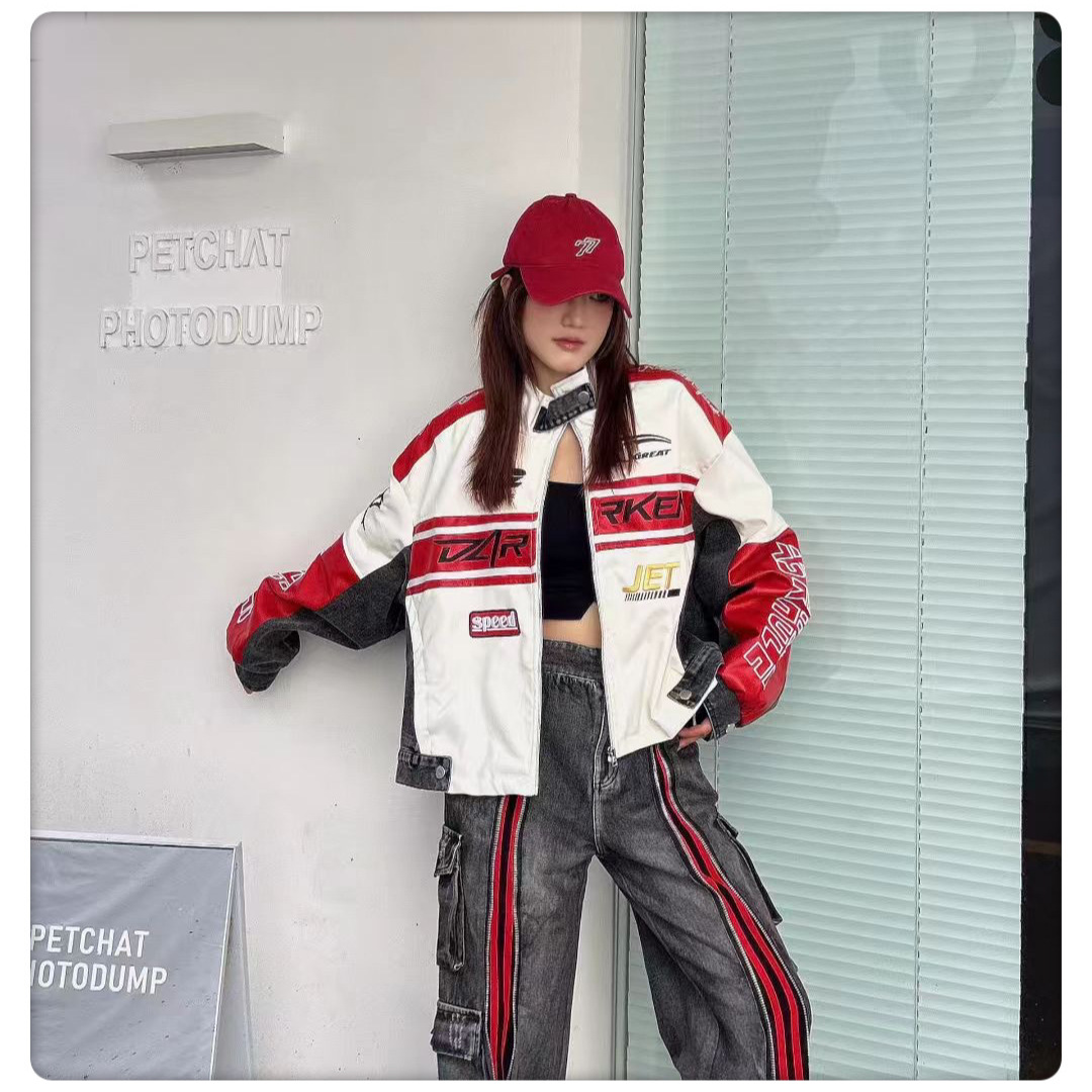 European Motorcycle Clothing for Women 2025 Autum New Heavy-Duty Letter Embroider Painted Graffiti Splicing Denim Pu Leather Jacket