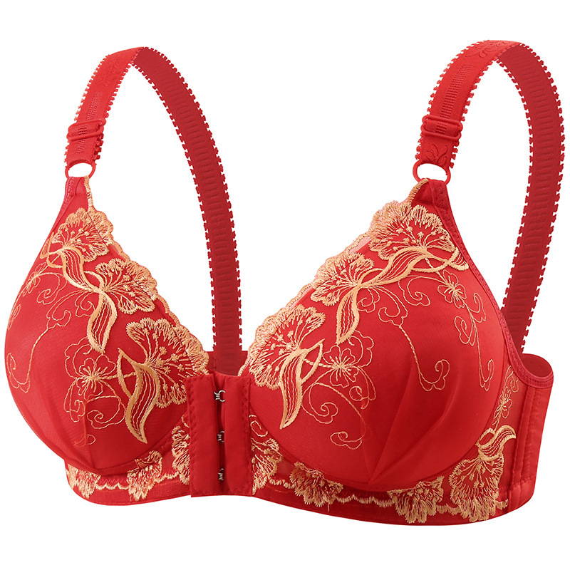 New Front Buckle Embroidered Underwear Cross-border Women's Gather Thin Cotton Cup Bra Middle-aged and Elderly plus size Bra without Steel Rings