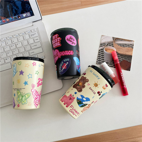 Cute cartoon thermos cup for women  new student coffee cup portable tumbler water cup stainless steel cup
