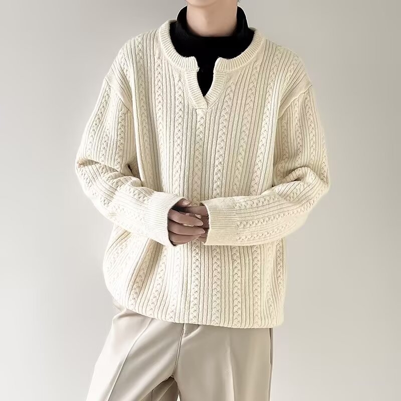 Pull en tricot à col en v pour homme en mélange coton hiver_voghion.com