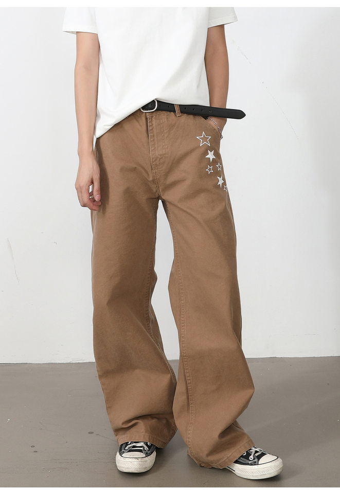 Quần dài nam ống rộng lưng trung in họa tiết ngôi sao Mỹ, form suông thoải mái — Xanh da trờicolor, màu kaki, màu xám, màu đỏ chi tiết 11