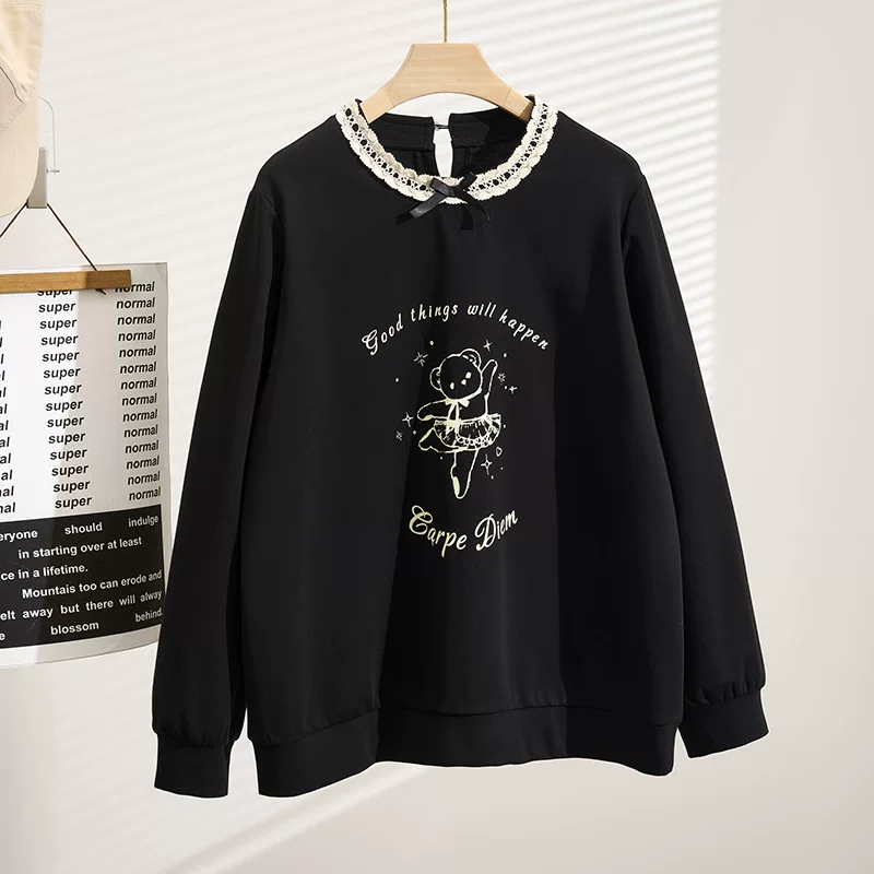Autumn cute lace long-sleeve with a round collar, plus size