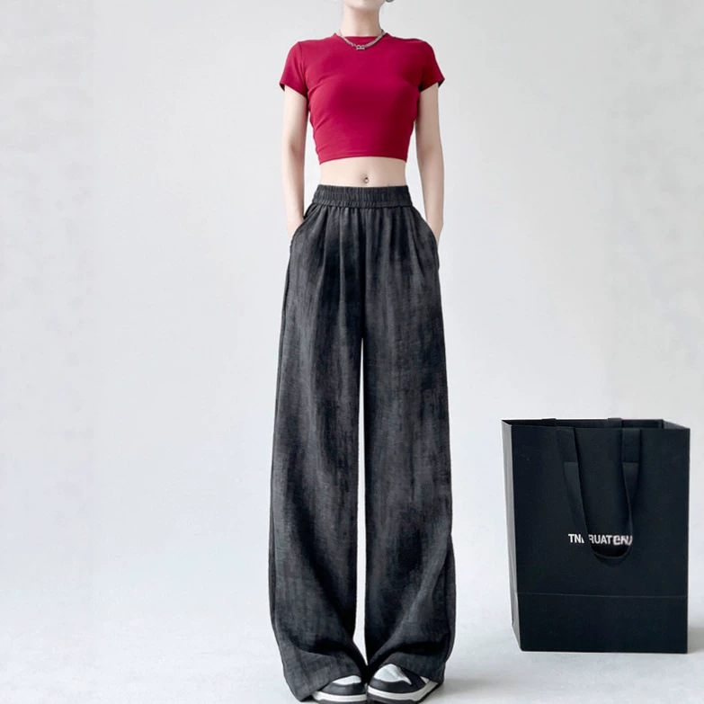 Quần culottes nữ ống rộng phong cách lười biếng, cạp cao suông rủ, kiểu dáng dài chạm đất — Xám đen chi tiết 2
