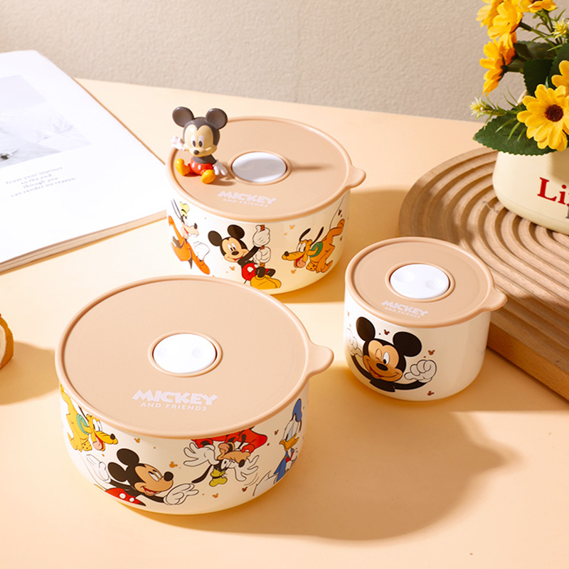 Tazón de cerámica para conservación fresca juego de tres piezas práctico pequeño regalo con tapa caja de conservación sellada lonchera de dibujos animados fiesta regalo de cumpleaños