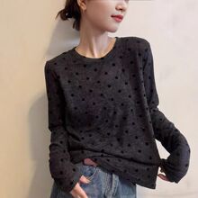 灰色波点印花长袖打底T恤衫早秋新款圆领宽松上衣女百搭休闲小衫