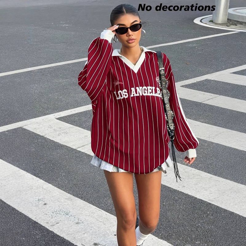 American Retro Sports Style Color-Blocked Striped Sweater for Women, Autumn Street Lazy Casual Versatile Top