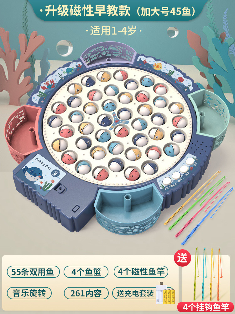 Plato de pesca eléctrico multifuncional para niños juguete música giratoria varilla de pesca magnética traje rompecabezas educación temprana regalo al por mayor