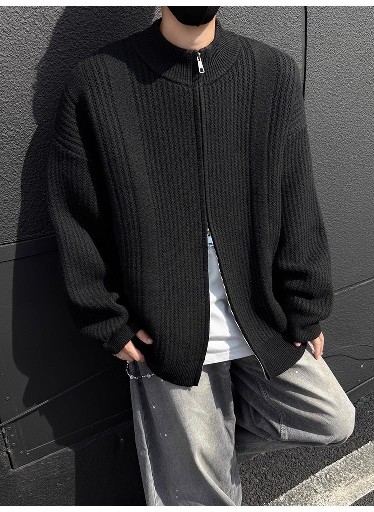 Men's Stand Collar Knit Cardigan Oversized Pullover Sweater_voghion.com