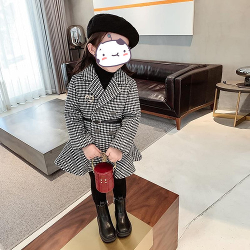 Girls' Houndstooth Plaid Western Style Waisted Thickened Woolen Coat  Autumn and Winter New Style Padded Girls Baby Coat