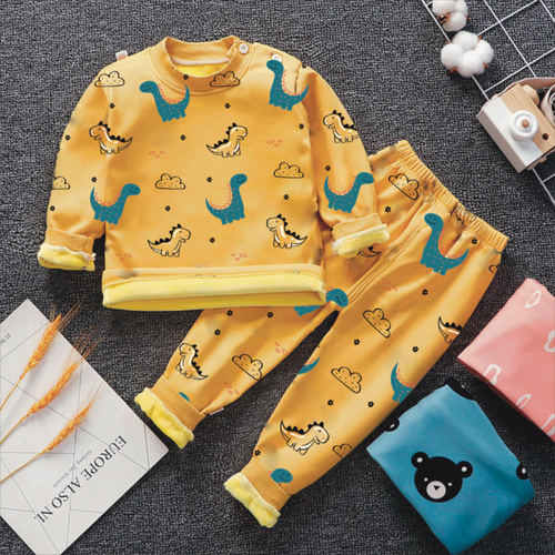 Children's warm innerwear set with plush and thick padding, suitable for boys and girls, autumn clothing, baby warm clothes, infant winter clothing with dinosaur pattern