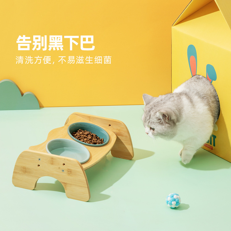 Cuenco de gato de cerámica cuenco de perro doble cuenco oblicuo protección de la boca vértebra cervical cuenco de comida para gatos antidetonante para mascotas al por mayor