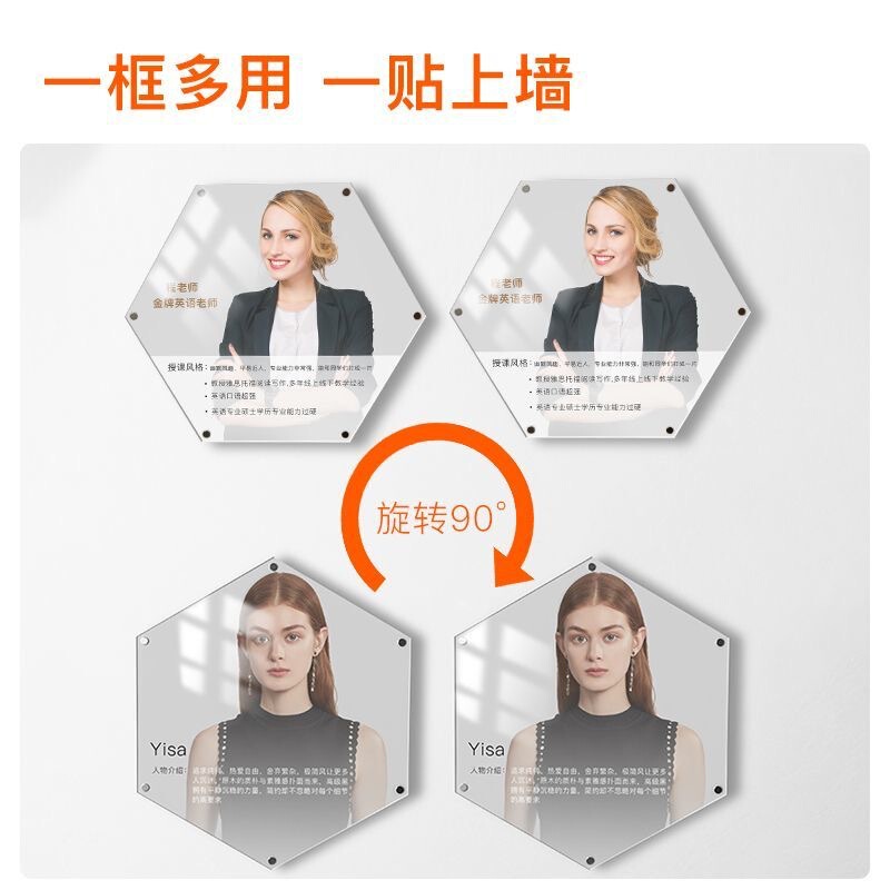 Hexagonal Photo Frame Acrylic Levitation Magnetic Hanging Wall Punch-Free Staff Qualification Doctor Teacher Profile Display Frame