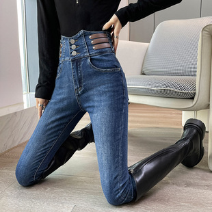 Super-high Waist Blue Jeans Women's Tight-fit Slim-fit Pencil Pants Spring and Autumn Slim-fit Abdominal Three-breasted Pencil Pants