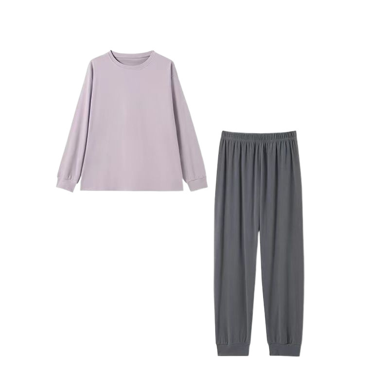 가을 겨울 여성용 잠옷 기모 무스 라운드 넥 풀오버 대비 색상 홈웨어 한국 스타일 따뜻한 긴팔 바지 정장