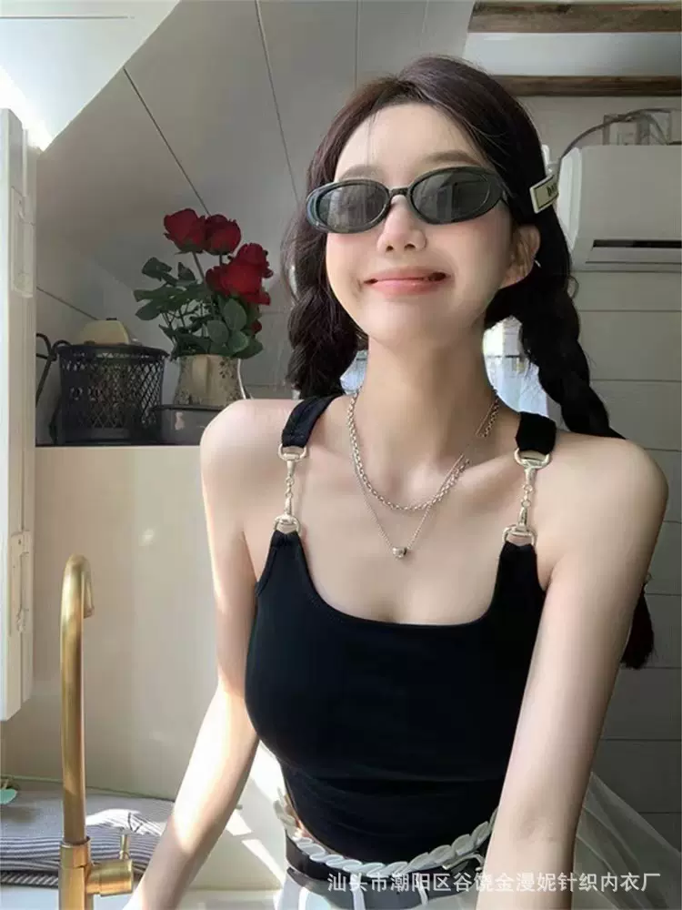 甜酷辣妹链条吊带背心女内搭外穿夏季短款无袖上衣纯欲带胸垫内衣