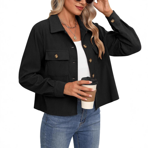 Amazon 2024 Best-Selling European and American Style Fashion Casual Short-Sleeve Corduroy Button-Up Mid-Collar Jacket Top