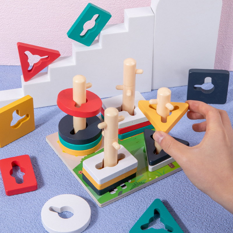 カラー5セットの柱の色はおもちゃの子供の益智の幾何学の形を認知します。