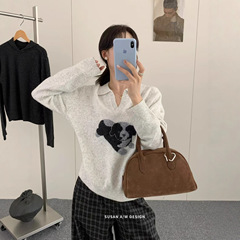 苏珊 韩系小狗提花polo领长袖针织毛衣2025秋季小众上衣女27010