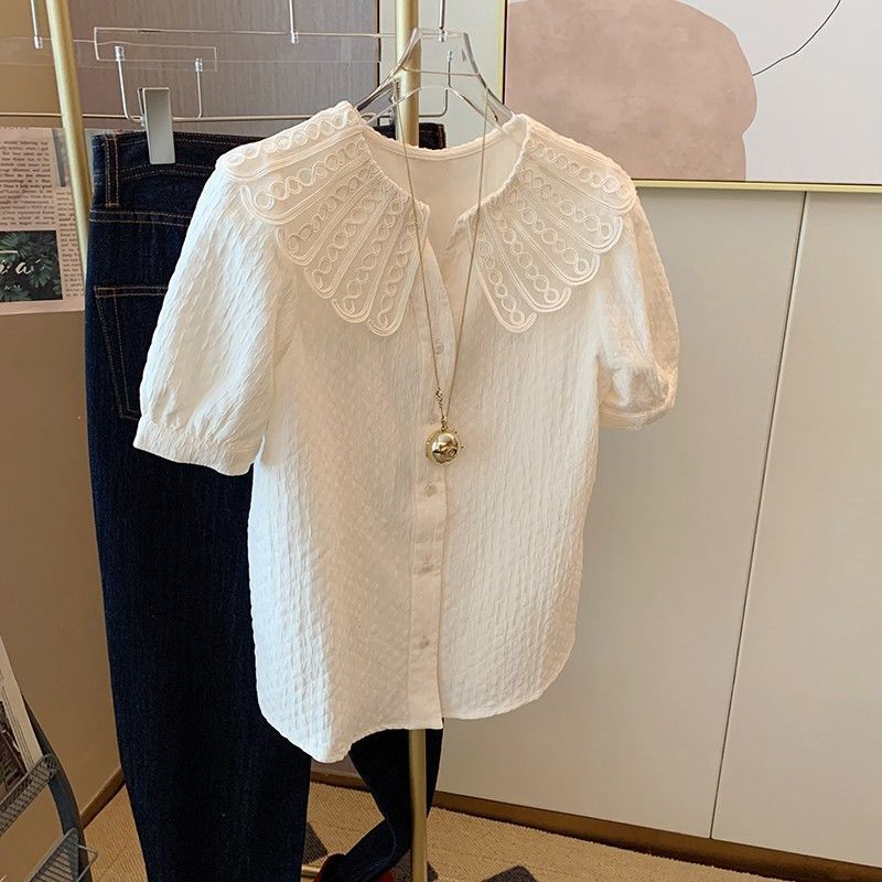 特大サイズ300斤太ったmmフレンチレース半袖シャツ女性夏の薄いタイプのゆるい減齢児童襟上着|undefined