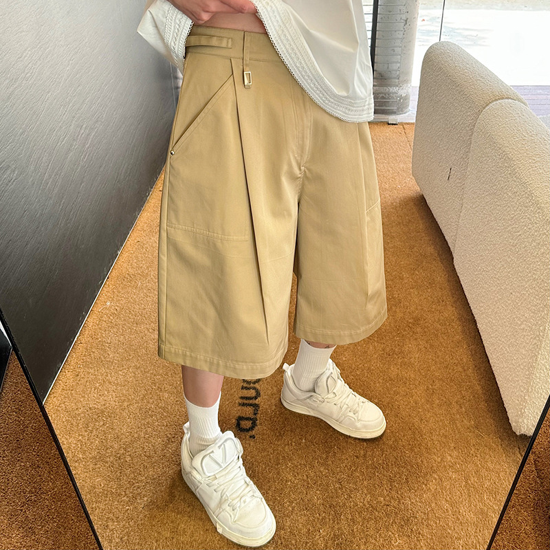 Profile Mid-length Pants Trendy Retro Wide Solid Color Casual Pants 2024 Summer All-match Three-dimensional Cropped Shorts Men's Work Wear