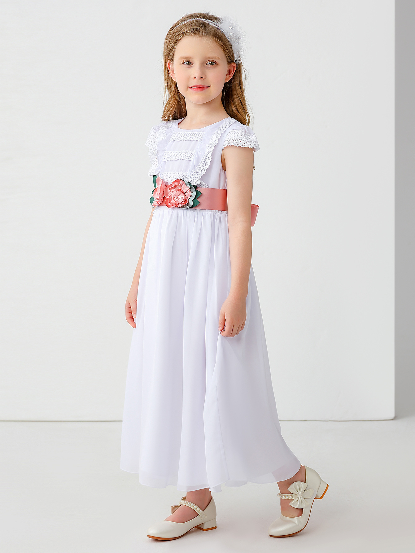 Vestido de novia para niños comercio exterior transfronterizo europeo y americano niña de las flores lazo encaje niña espectáculo princesa vestido vestido largo