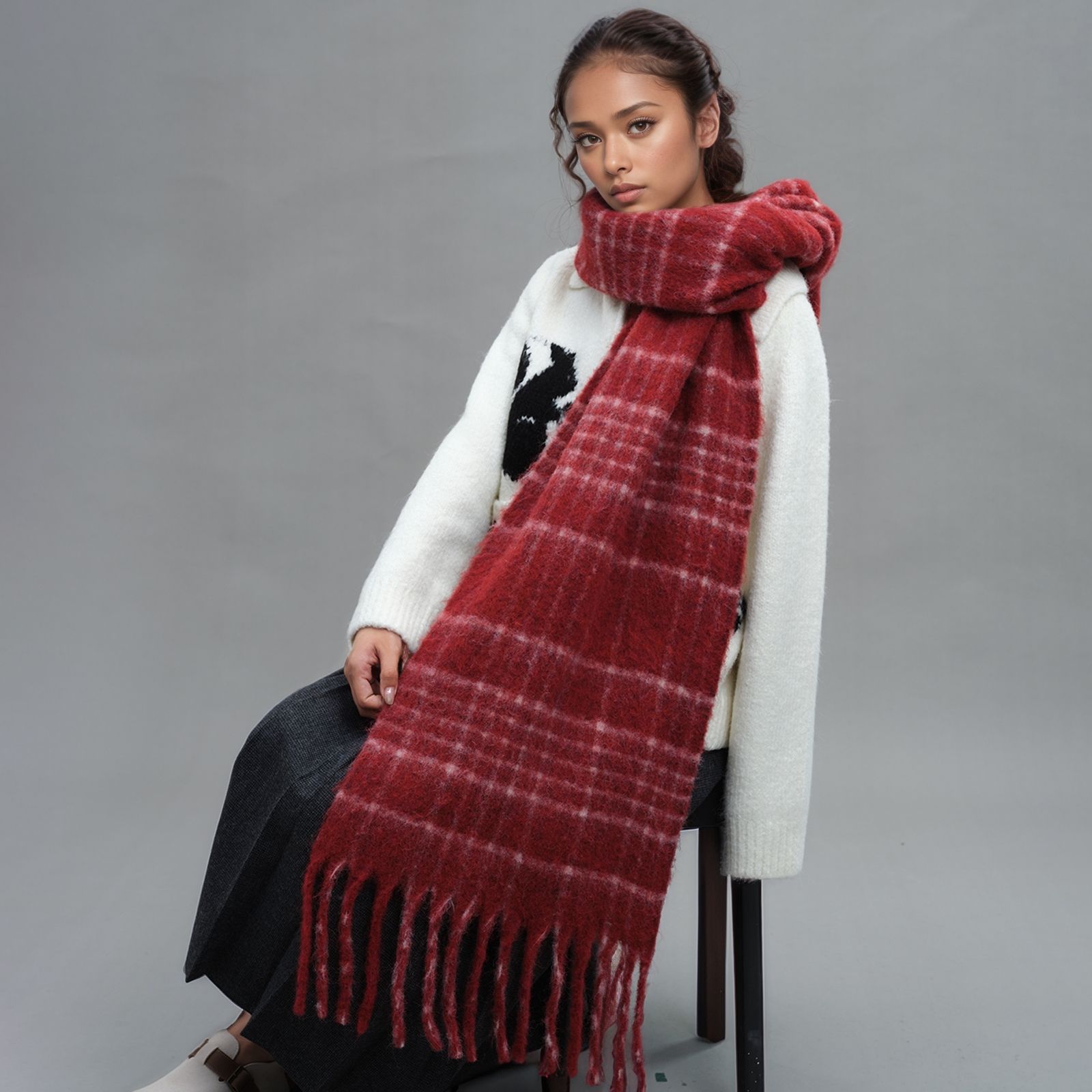 格子纹含羊毛流苏围巾韩版高级感冬季马海毛保暖围巾男女同款围脖