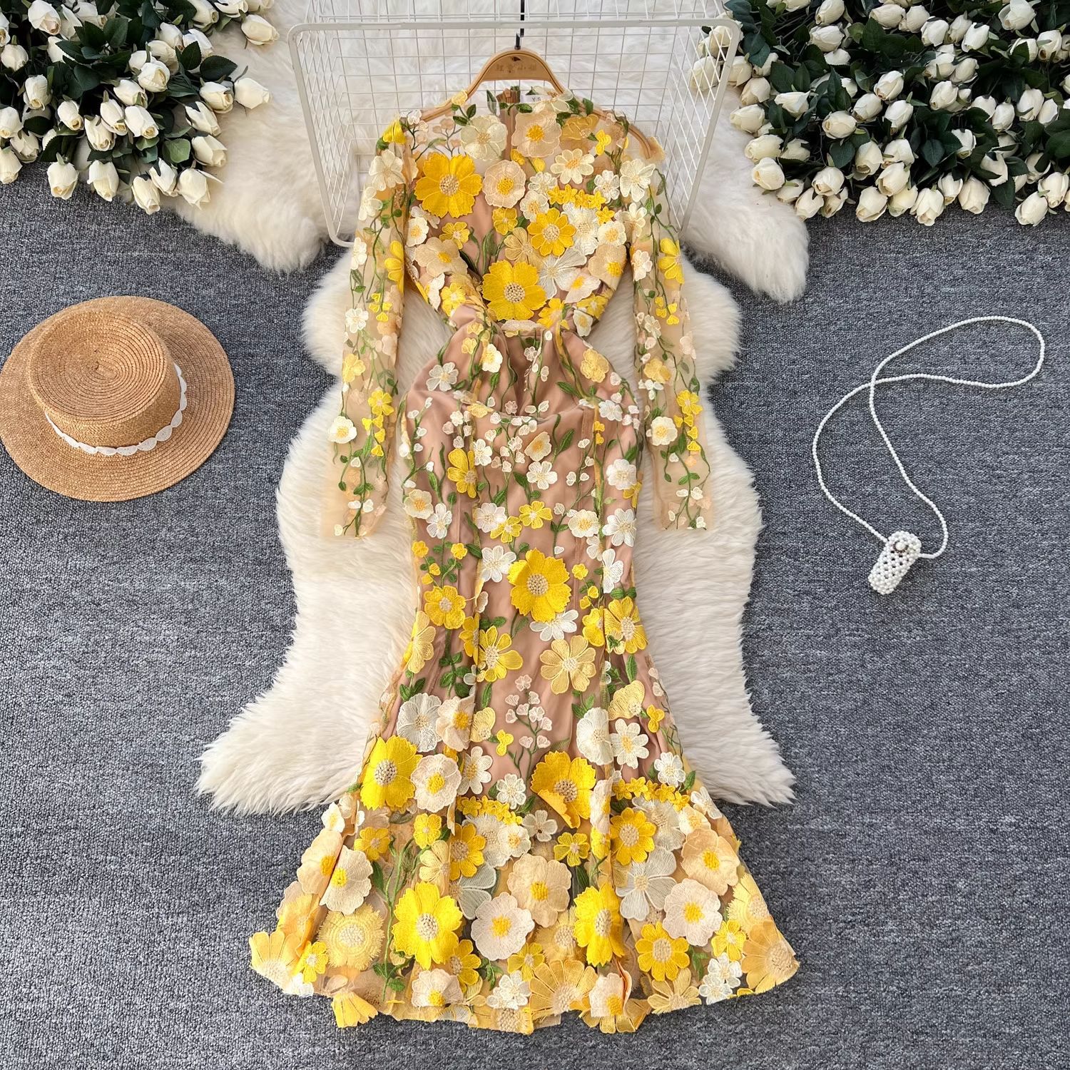 Elegant Socialite Dress for Women, Evening Party Dress, European and American Heavy-Duty Three-Dimensional Flower Slim Fishtail Long Dress